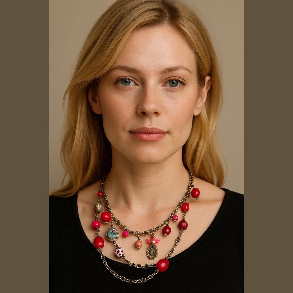 Unbranded Beaded Chain Necklace Red Pink Silver-tone One Size